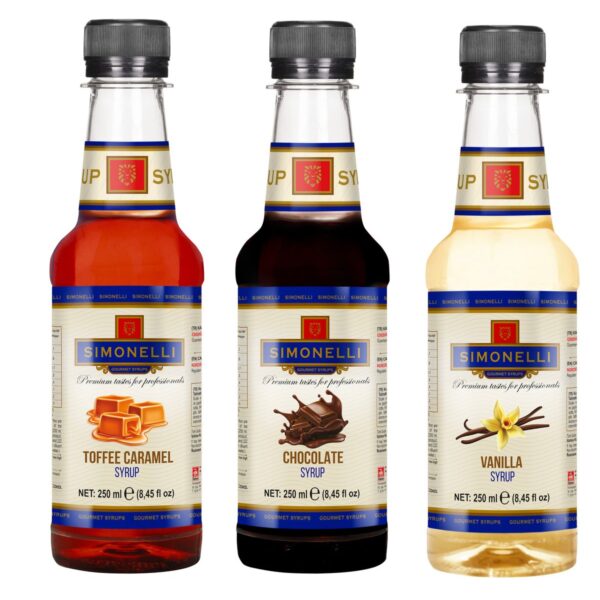 3'lü Kahve Şurup Seti (TOFFEE KARAMEL ÇİKOLATA VANİLYA) Kahve Ve Kokteyl Şurubu 3x250ml