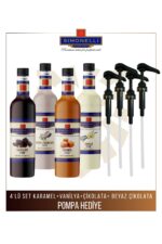 Kahve ve Kokteyl Şurubu 700 ml 4'lü Set Karamel+Vanilya+Çikolata+Beyaz Çikolata + 4 Adet Pompa