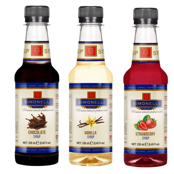 3'lü Şurup Seti (Vanilya + Çikolata + Çilek) Kahve Ve Kokteyl Şurubu 3x250ml