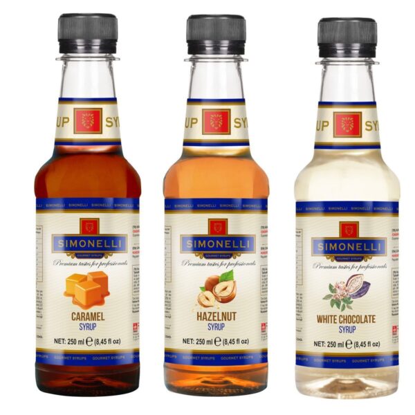 3'lü Şurup Seti (Karamel + Beyaz Çikolata + Fındık) Kahve Ve Kokteyl Şurubu 3x250ml