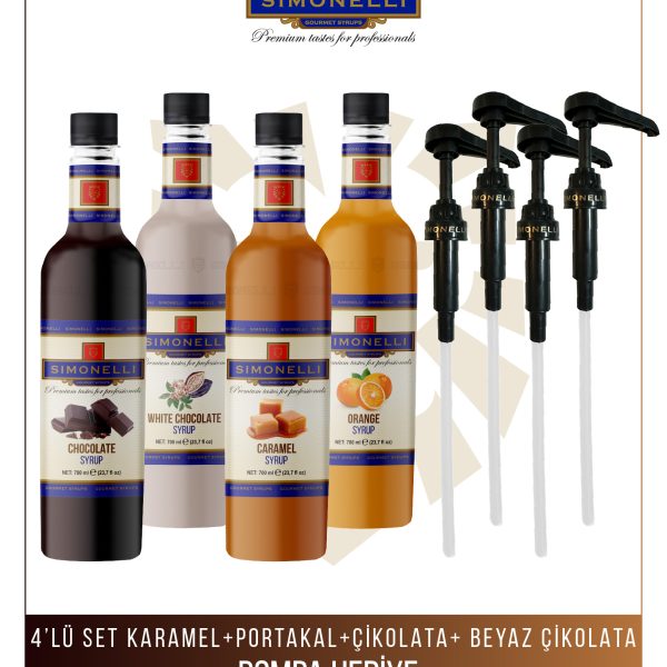 Simonelli Kahve ve Kokteyl Şurubu 700 ml 4'lü Set Karamel+Portakal+Çikolata+Beyaz Çikolata