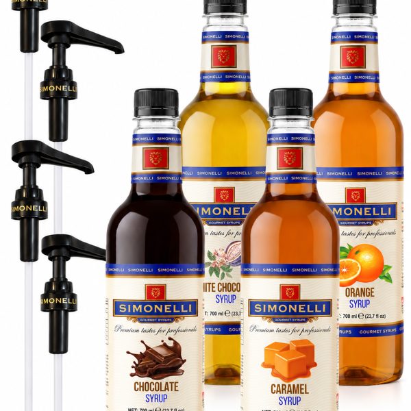 Simonelli Kahve ve Kokteyl Şurubu 700 ml 4'lü Set Karamel+Portakal+Çikolata+Beyaz Çikolata